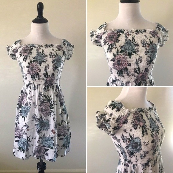 H&M Dresses & Skirts - H&M White Smocked Blue and Pink Floral Print Babydoll Mini Dress - Size 4